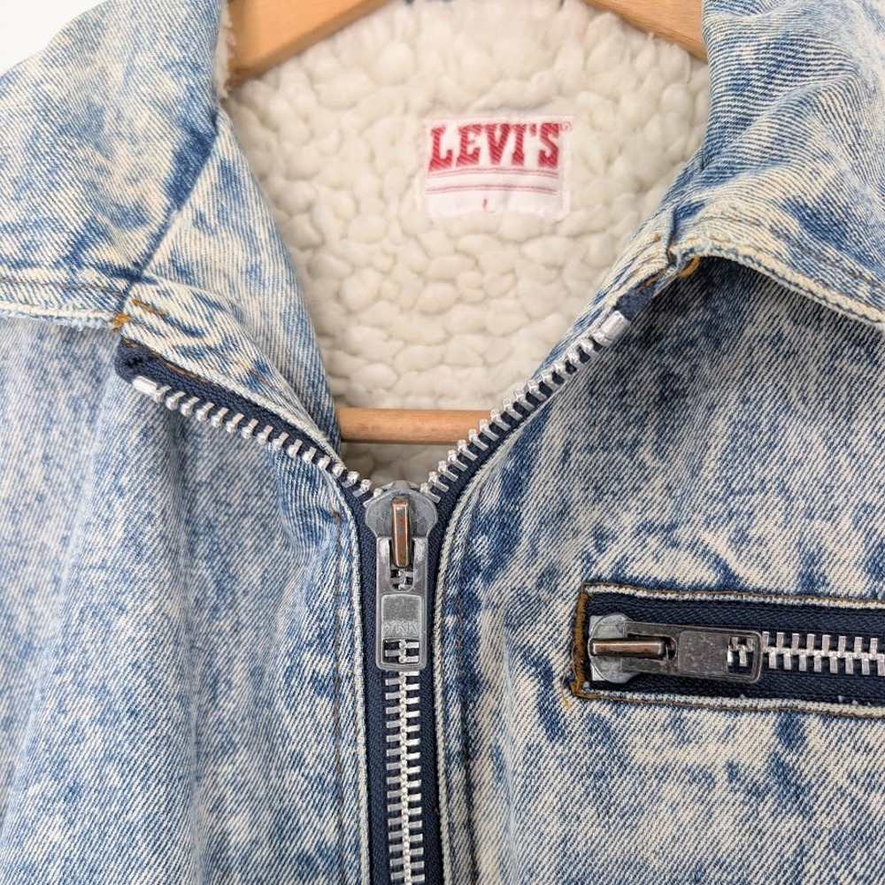 Levis Acid Wash Sherpa Trucker Jacket Zip Off Sleeves Womens Large 1980s Vintage - Picture 13 of 16